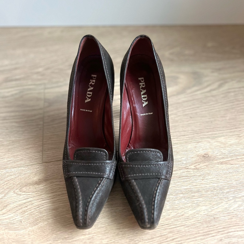 COPY - Prada Dark Brown Suede Leather Block Heel Pointed-Toe Pumps